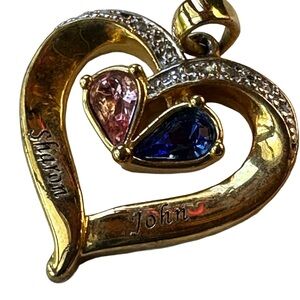 Danbury Mint Gold Heart Pendant Pink & Blue Birthstones - engraved Sharon & John